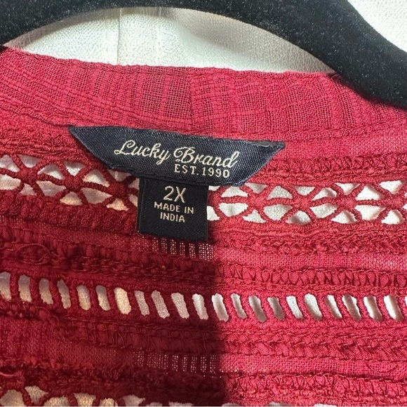 Lucky Brand Blouse Top Womens Plus 2X Boho Peasant Crochet Red Embroidered Linen - Picture 4 of 13